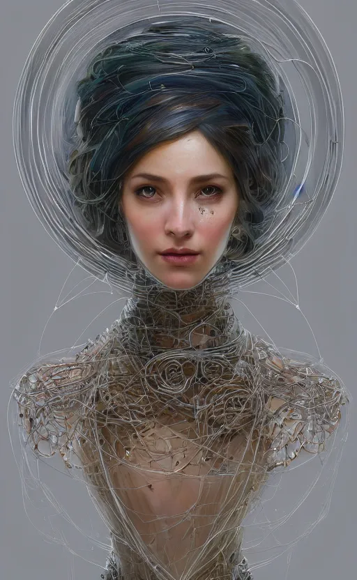 Image similar to portrait of a humanoid robot wearing a veil, mystic, mystical, robot body, wires, robotic, intricate, headshot, highly detailed, digital painting, artstation, concept art, sharp focus, cinematic lighting, digital painting, art by artgerm and greg rutkowski, alphonse mucha, cgsociety