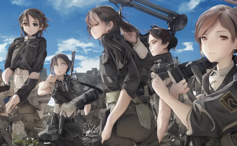 Image similar to panoramic view, girl, soldier clothing, battlefield in background, anime style, short hair, hair down, real faces, realistic anatomy, symmetrical facial features, from arknights, hyper realistic, 4 k, extreme detail, detailed drawing, trending artstation, safebooru, realistic lighting, by alphonse mucha, greg rutkowski, anime eyes, sharp focus