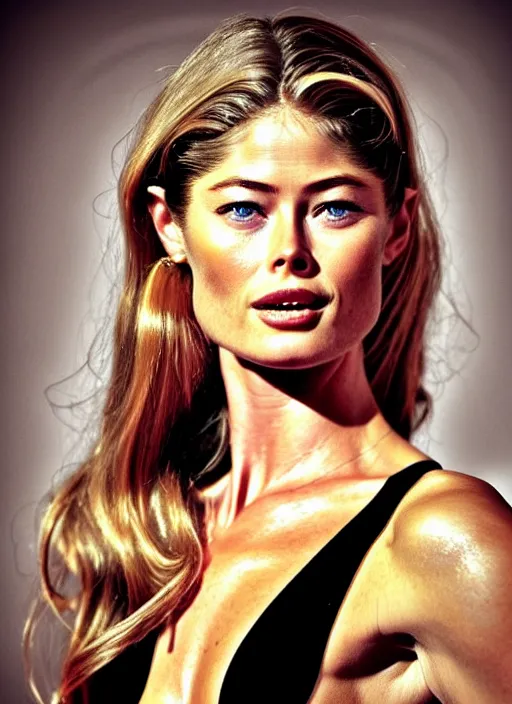 Image similar to portrait photo of a gorgeous young Doutzen Kroes with intricate detailed as Bond Girl in Retro 70s movie in the style of stefan kostic realistic sharp