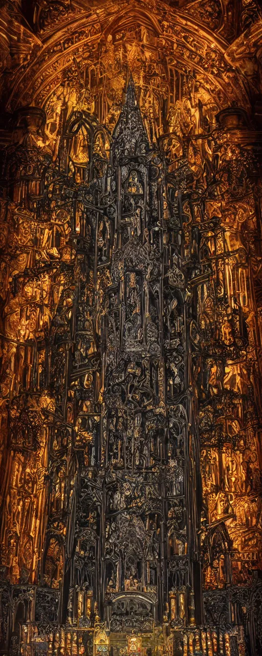 Prompt: photographic cathedral church altar, gothic, baroque, black paper, bringer of glowing light and life and death, skull, mystical, intricate ornamental oriental tower floral flourishes, technology meets fantasy, glass, copper, steel, emerald, diamond, amethyst, glass, poster, concept art, octane, 8k insane detail