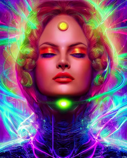 Image similar to a powerful energy psychedelic matrix woman, by alexander fedosav, hyper detailed digital matte painting, concept art, hyperrealism, 1 6 k resolution, cinema 4 d, 8 k resolution, trending on artstation, behance hd, a masterpiece, by stephan martiniere, particles, cel - shaded, power bright neon energy, by david a. hardy,