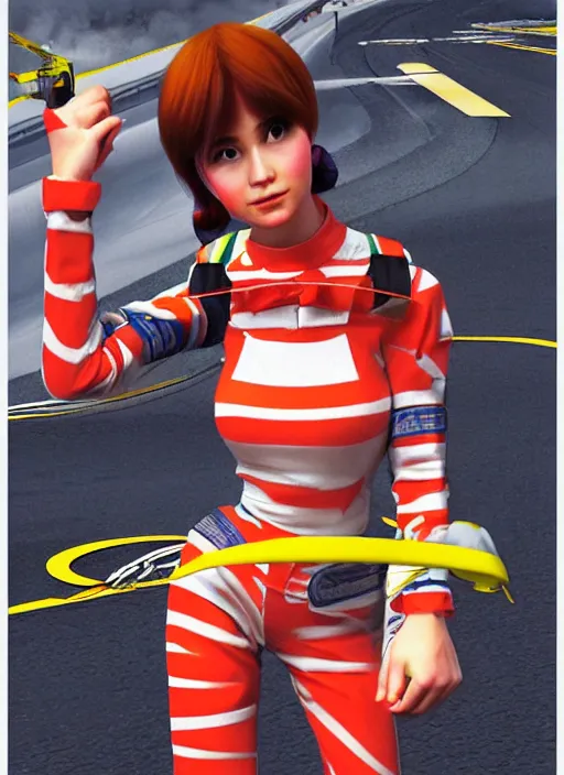 Image similar to Promotional poster 3D render from an old japanese racing game from the 90's depicting a girl dressed as a racing driver.