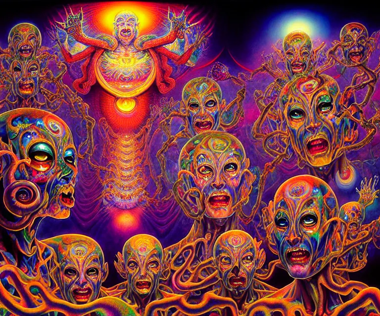 Prompt: realistic detailed image of a friendly figures of psychedelic dmt jesters made of light dancing in the outer 5th dimensional field by Alex Grey, by Ayami Kojima, Amano, Karol Bak, Greg Hildebrandt, and Mark Brooks. rich deep colors. Beksinski painting, part by Adrian Ghenie and Gerhard Richter. art by Takato Yamamoto. masterpiece