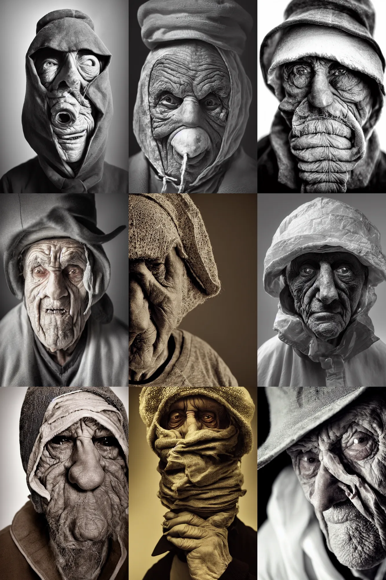 Prompt: high contrast studio close - up portrait of a wrinkled old man wearing a pulcinella mask, clear eyes looking into camera, baggy clothing and hat, backlit, dark mood, nikon, photo by michal karcz and yoshitaka amano, masterpiece