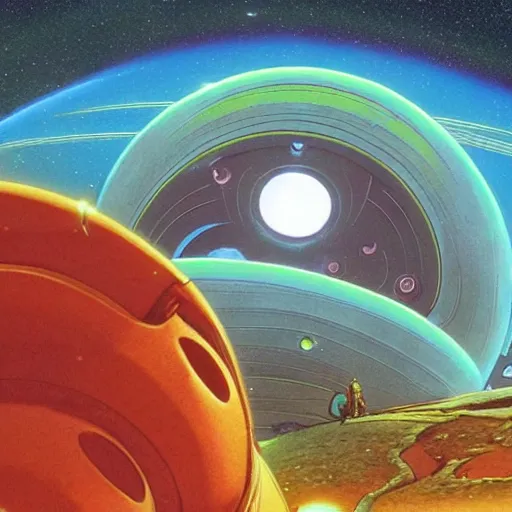 Prompt: a man spaceship starship outer worlds in FANTASTIC PLANET La planète sauvage animation by René Laloux