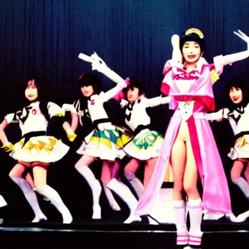 Image similar to publicity photo of 1 9 8 0 s beautiful japanese pop - idol chisato moritaka cosplaying as sailor moon, doing a heroic battle pose in the style of sailor moon, onstage at her concert in front of backup dancers.