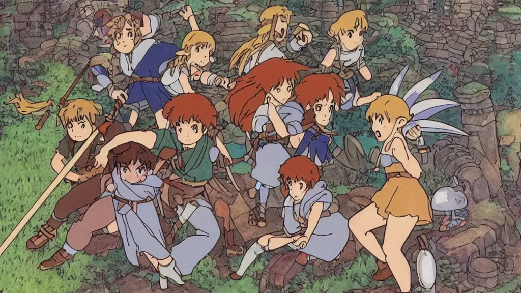 Image similar to 1 9 8 0 s “ studio ghibli ” anime featuring “ link ” with a fairy and “ princess zelda ” fighting against monsters in a dungeon labyrinth.