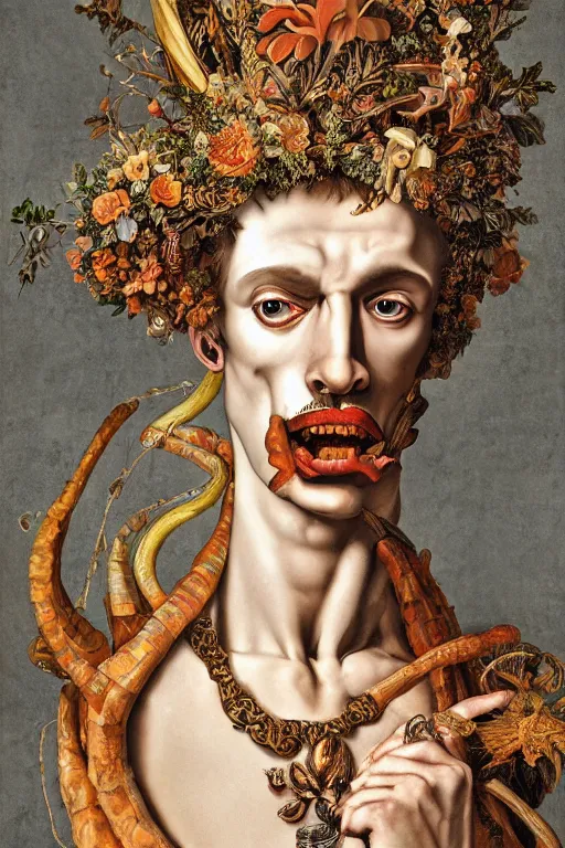 Image similar to Detailed maximalist portrait a Greek god with large lips and with large white eyes, exasperated expression, fleshy skeletal, botany, HD mixed media 3d collage, highly detailed and intricate, surreal illustration in the style of Caravaggio, dark art, baroque