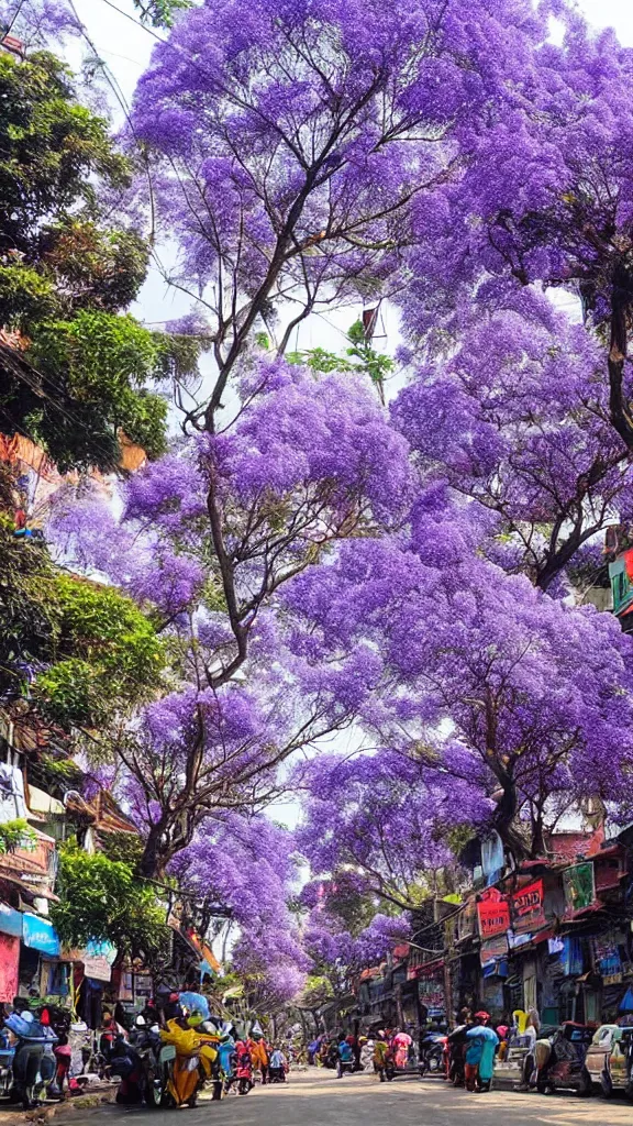 Prompt: jacaranda trees in kathmandu city streets