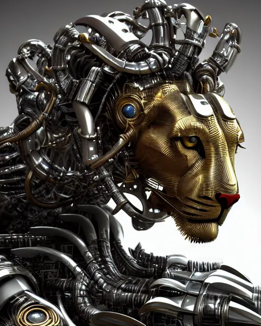 Prompt: potrait complex 3 d render hyper detail portrait of a mechanical lion cyborg, sci fi, full body, intricate, art by kazuhiko nakamura and hajime sorayama, 8 k octane detailed render, post - processing, extremely hyperdetailed, intricate futuristic mechanic parts, maya, dark background, sharp focus, blender, cinematic lighting + masterpiece, trending on artstation