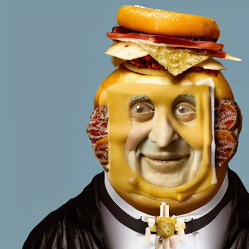Image similar to a amazing new surrealist hybrid of the pope mixed with an anthropomorphic cheeseburger made of the popes face by giuseppe arcimboldo and kandinskali and catrin welz - stein, melting cheese, steamed buns, grilled artichoke, sliced banana, salami, milk duds, licorice allsort filling
