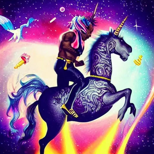 Prompt: “DMX riding a unicorn in space”