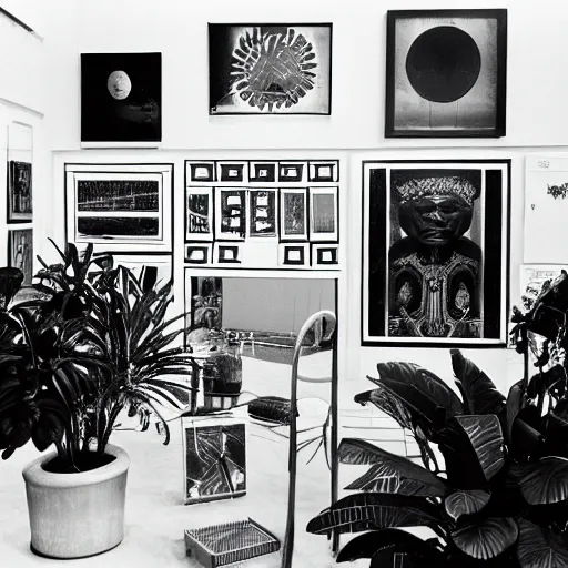 Image similar to A black and white photographie of an exhibition space with works of Sun Ra, Marcel Duchamp and tropical plants