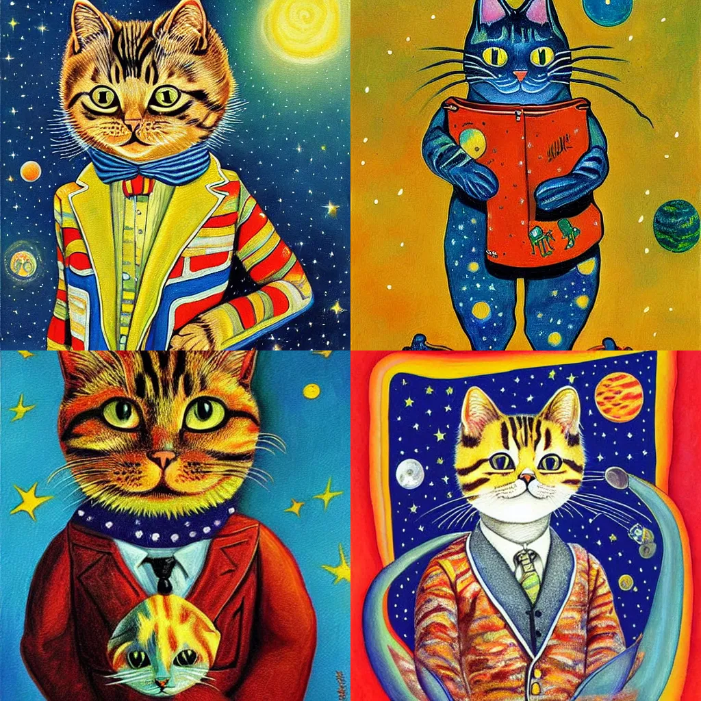 Prompt: A cat wearing an astronault suit Beautiful artwork detailed painting by Louis Wain by Greg Rutkowsky by Lisa Keene