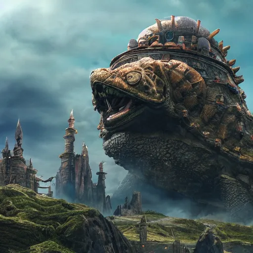 Image similar to large fantasy castle rising from the top of a giant tortoise, towering over a harsh barren wasteland, howls moving castle, mortal engines, kaiju, distant - mid - shot centered, fantasy, hyper detailed, 4 k