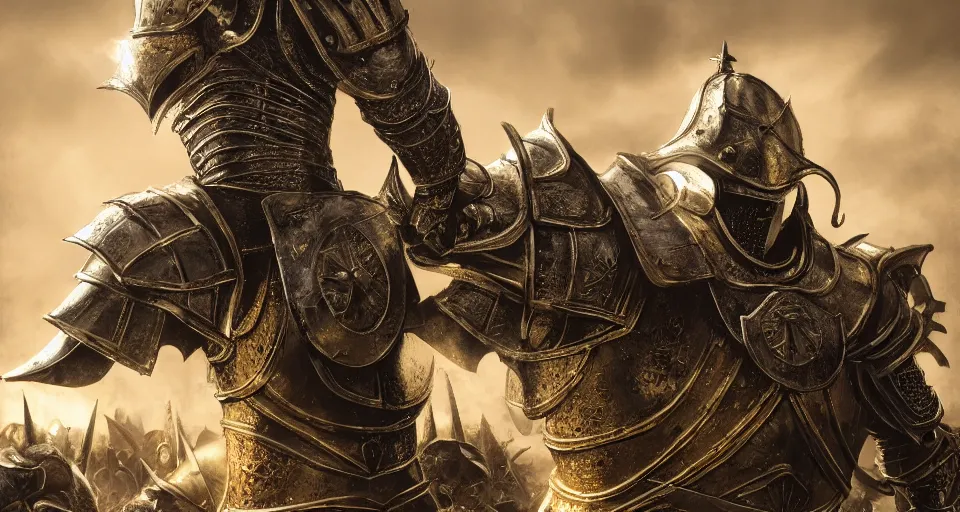 Prompt: render of A baroque knight, wearing a golden set of armor standing strong in the middle of a battlefield, hyper realistic, unreal, craig mullins, alex boyd, lord of the rings, game of thrones, dark souls, skyrim, dragon age, artstation, cinematic shot, warhammer, dungeons and dragons