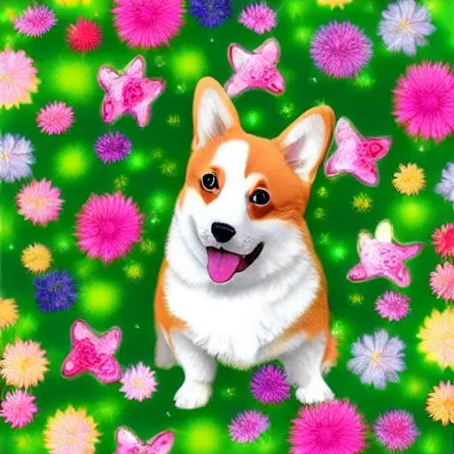 Prompt: anime corgi, sparkling petals, cute, happy