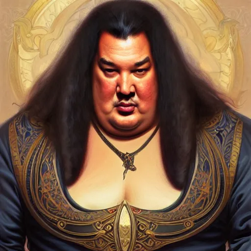 Prompt: Obese Steven Seagal, fantasy, intricate, elegant, highly detailed, digital painting, artstation, concept art, matte, sharp focus, illustration, art by Artgerm and Greg Rutkowski and Alphonse Mucha, and Simon Hennessey