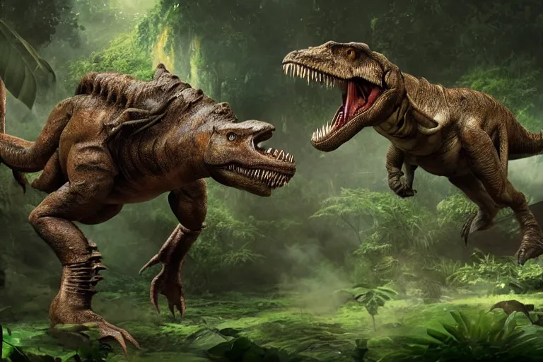 Image similar to a photo of a human fighting a t rex in a fantasy jungle, photorealistic, hd, 8 k