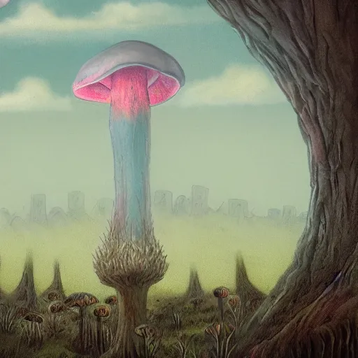 Image similar to a nightmarish creature looming over a city on the horizon, a mushroom forest