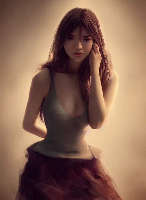 Image similar to a realistic photo portrait of beautiful 👧 with soft 👀 fashion modeling pose, full body, like a professional model, face by WLOP, body by Alex Flores, face symmetry, style of Dan Luvisi, and Charlie Bowater, artstation, rendered, cinematic color grading, muted colors, soft light, rule of thirds, cinematic