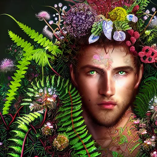 Image similar to a male knight, stern face, clear eyes, shining armour made of steel and flowers, and fractal flowery hair in a fractal garden, glowing delicate flower, berries and ferns that grow in a dark fantasy forest, full frame,