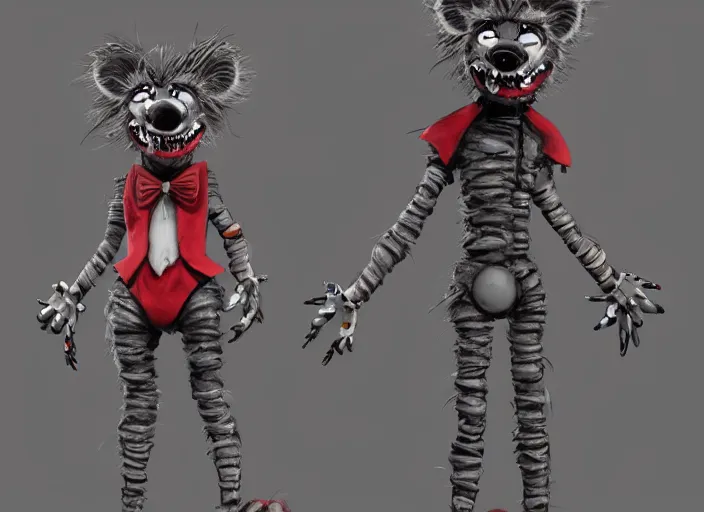 KREA - award - winning detailed concept art of a creepy clown fnaf  animatronic puppet anthropomorphic raccoon character wearing clown makeup  face paint. art by wlop on bcy. net, realistic. detailed fur