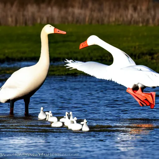 Image similar to dramatic shot of a white goose attacking a plastic goose