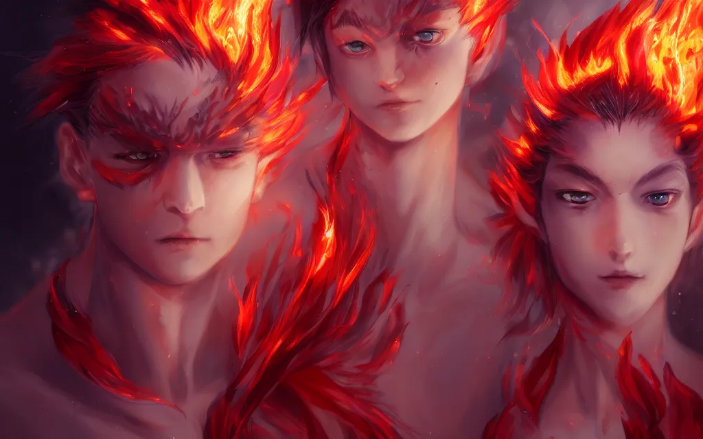 Image similar to A realistic anime portrait of a beautiful fire spirit twins with glowing red eyes and firey skin wearing clothes made of flames, digital painting, by Stanley Artgerm Lau, Sakimichan, WLOP and Rossdraws, digtial painting, trending on ArtStation, SFW version