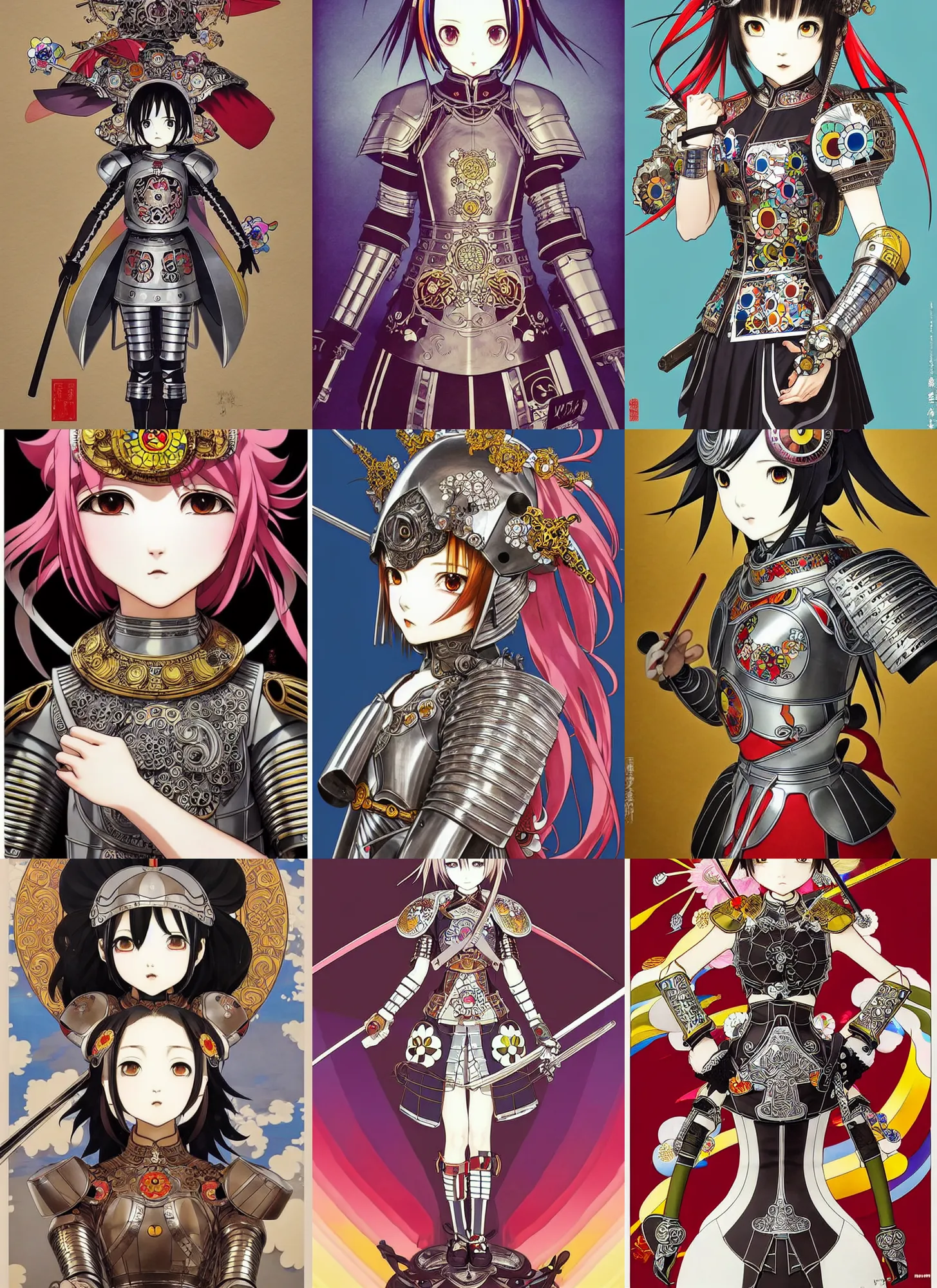 Image similar to takashi murakami, ilya kuvshinov, anime female knight in. ornate armor by, last exile, murata range, fine detail, perfect, dramatic lighting, dynamic composition, art deco, cel shading, vivid, rich texture, alphonse mucha, ( ( ( colorful ) ) ), ( ( ( yoshinari yoh ) ) ),