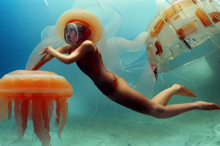 Prompt: high-angle view of a Ukrainian lush female jellyfish human hybrid wearing vacuum tube amp roman armor and transparent amber neck guard with transparent digital number readout floating in front of face, sitting inside of an underwater furnished airport terminal, large submersible vessel in the horizon silt rising from the seabed carpet floor, soviet computer console in seabed, ektachrome color photograph, volumetric lighting, off-camera flash, 24mm f8 aperture