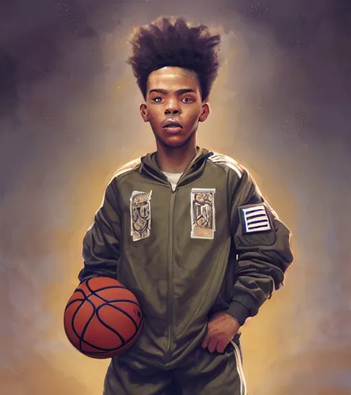 Prompt: portrait of a boy at a basketball court playing basketball wearing a military jacket in a basketball court standing near the basketball hoop, intense emotion, detailed facial expression, detailed surroundings, intricate, elegant, highly detailed, centered, digital painting, artstation, concept art, smooth, sharp focus, illustration, by (Peter Mohrbacher), WLOP