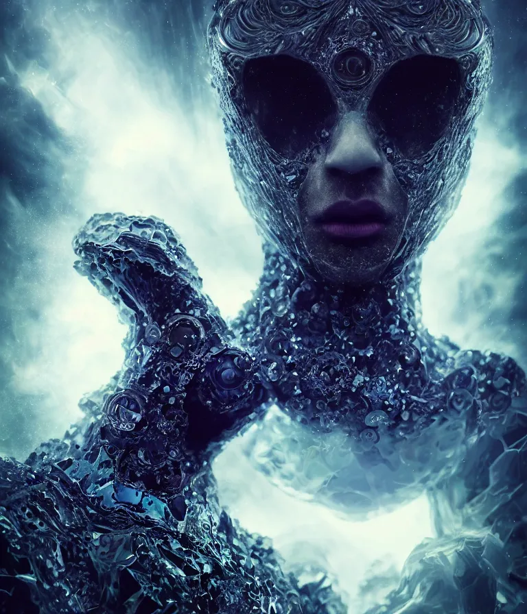 Image similar to impressive ominous front!! shot photo of a court jester character fine portrait fine portrait mesmerizing fractal hyper cubes platinum cracked dark future hyper dimensional space galactic crystal nebula edges elegant detailed intricate concept artstation sharp focus ray tracing cinematic masterpiece temporal corruption beeple wlop germ 8 4 k scifi glossy hyper realistic illustration canon eos r 3 fujifilm x - t 3 0 sony alpha a 6 6 0 0