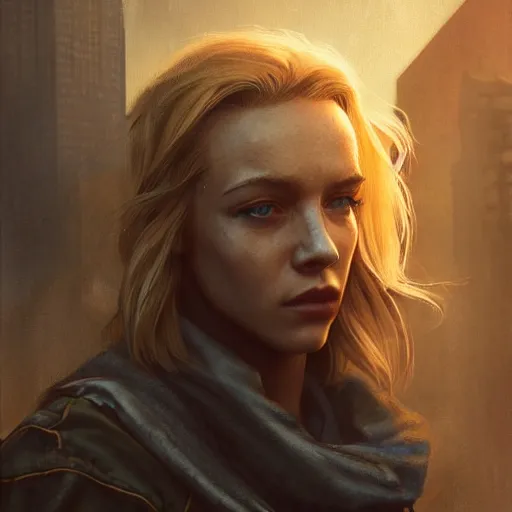 Image similar to fallout 5, charismatic beautiful rugged blonde female protagonist, portrait, outdoors ruined cityscape, atmospheric lighting, painted, intricate, volumetric lighting, beautiful, daytime, slight overcast weather, sharp focus, deep colours, golden hour, ultra detailed, by leesha hannigan, ross tran, thierry doizon, kai carpenter, ignacio fernandez rios