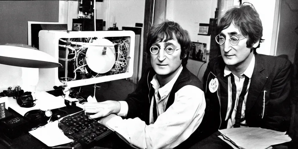 Image similar to John Lennon asa scientist working on a ufo, black & white photograph