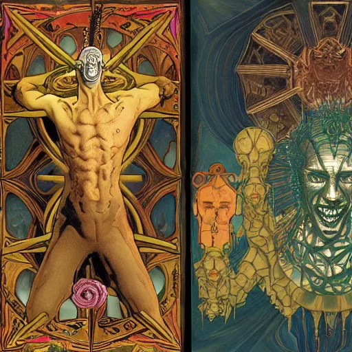 Image similar to a matte painting of hellraiser puzzle box floating above skinned man in hell by clive barker and alex grey and alphonse mucha