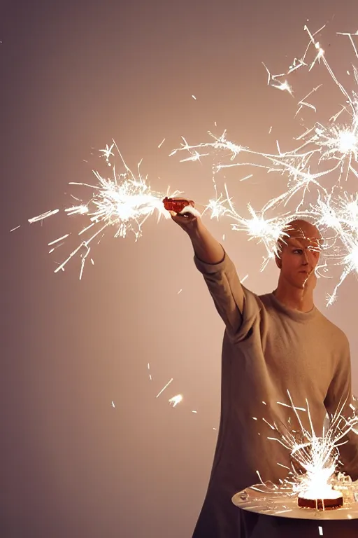 Prompt: margiela campaign featuring artist ben schumacher blowing out all the candles on the birthday cake, sparklers, realistic vfx simulation