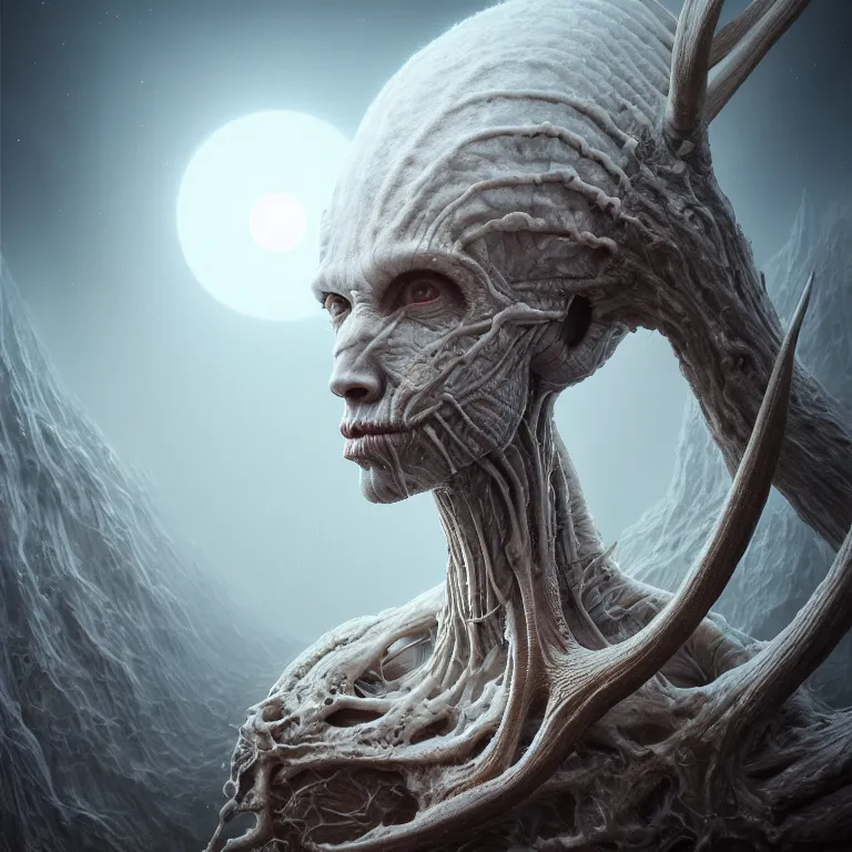 Image similar to portrait of white alien man with ribbed body, covered with twisted ribbed crooked antlers in wastelands on white exoplanet, baroque portrait painting, beautiful intricate insanely detailed octane render, artstation, 8 k artistic photography, photorealistic, volumetric perfect light, chiaroscuro, raphael, caravaggio, beksinski, rutkowski, giger