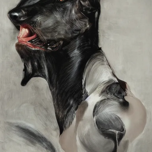 Image similar to woman with black greyhound, by jenny saville. dark atmosphere