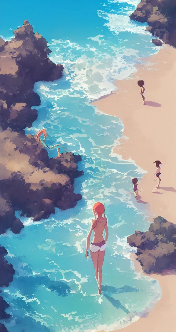 Image similar to Soaking in the sun at the beach, uncluttered, tropical, bright, simple, by Studio Ghibli and Greg Rutkowski, artstation