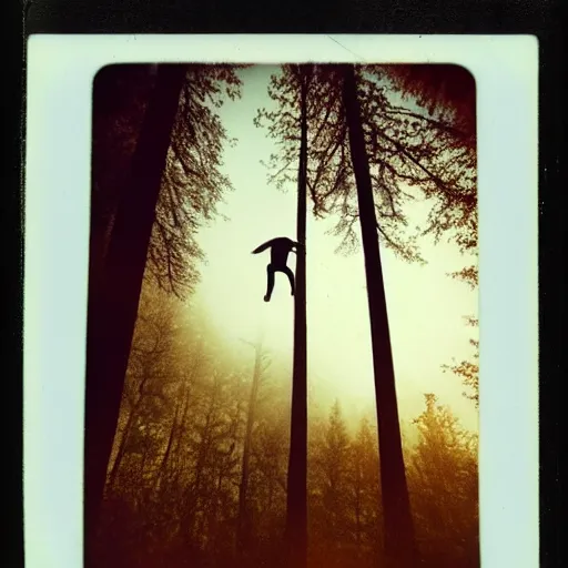 Image similar to eerie polaroid of a man floating above the forest at dusk