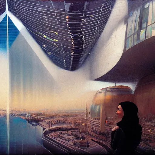 Image similar to detailed face of an arabic woman, tectonic cityscape, skydome, reactor, utopian, wet reflections, prism, atmospheric, ambient, pj crook, syd mead, livia prima, artgerm, greg rutkowski, nick alm, casey baugh