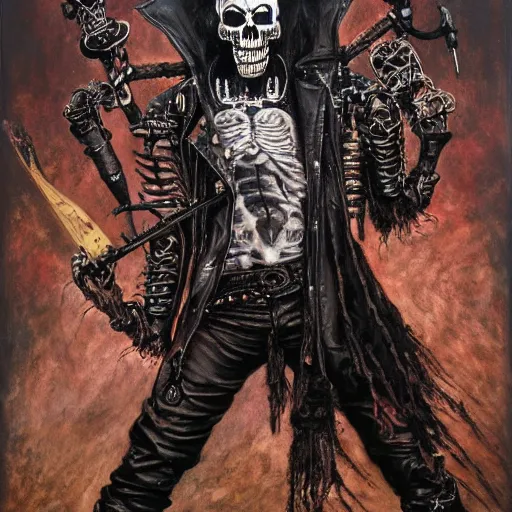 Image similar to a portrait of the grim reaper as a punk rocker, punk, skeleton face, mohawk, dark, fantasy, leather jackets, spiked collars, spiked wristbands, piercings, boots, guitars, motorcycles, ultrafine detailed painting by frank frazetta and vito acconci, detailed painting