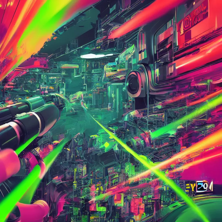 Image similar to hyperdetailed cyber fun 70's poster painting in a color style of 70's black poster art of chemical filled syringe spraying out green chemicals, epic scale ultrawide angle, 3D rendered, Vray rendered, octane render, unreal engine