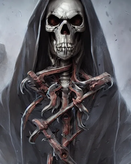 Image similar to death the grim reaper dark evil skull robe decay nightmare by Stanley Artgerm Lau, WLOP, Rossdraws, James Jean, Andrei Riabovitchev, Marc Simonetti, and Sakimichan, trending on artstation, hyperrealist, cinema4D, 8k highly detailed ❤️‍🔥 🔥 💀 🤖 🚀