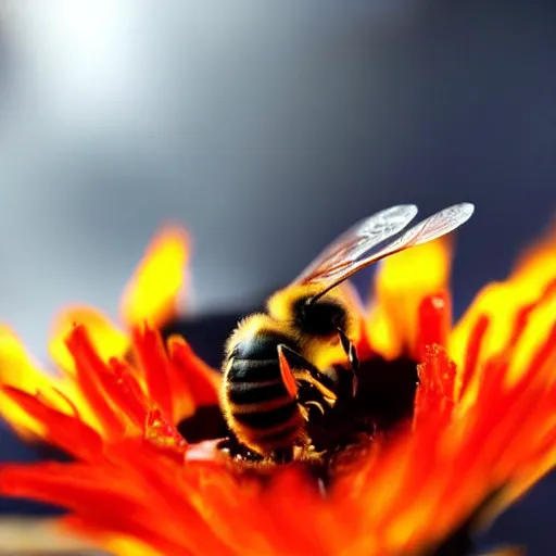 Image similar to a bee landing on a burning flower, the forest is on fire, there is fire everywhere, beautiful macro photography, perfect focus, nice composition