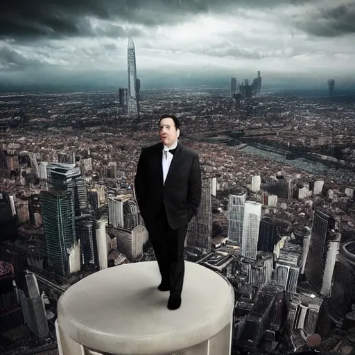 Image similar to Jon Favreau as clean-shaven Happy Hogan wearing a black suit and black necktie and black dress shoes is climbing a tall building in an urban city. The sky is filled with dark clouds and the mood is ominous.