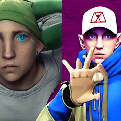 Prompt: Eminem in The Legend of Zelda Breath of the Wild