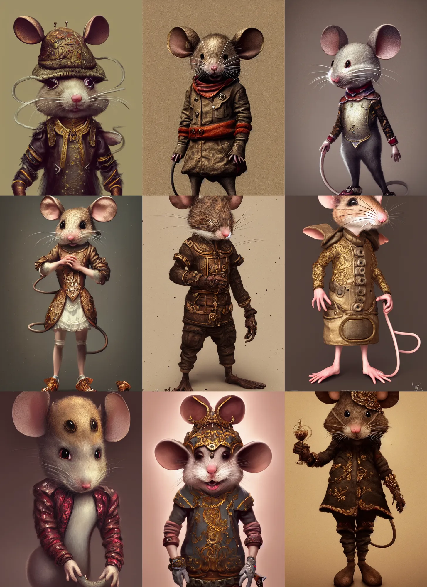 Prompt: full body concept, very fine art oil painting of a cute anthropomorphic mouse with a very beautiful face wearing full intricate clothing, ultra detailed, octane render, 4K, dystopian, micro details