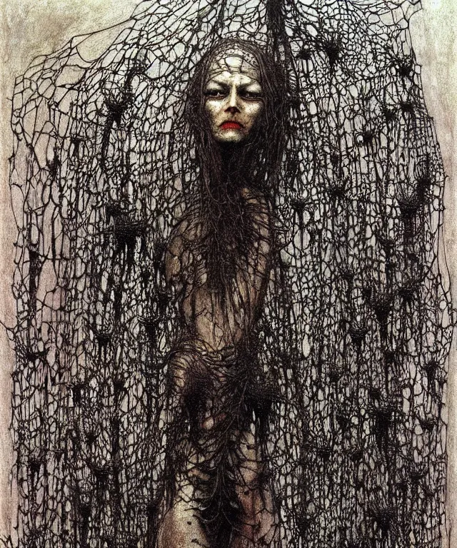 Image similar to a woman standing all covered in spiders. arachnophobia, fear of spiders, incredible number of spiders and bugs. extremely high details, spider paws and eyes, realistic, horror, creepy, web, masterpiece, art by zdzislaw beksinski, arthur rackham, dariusz zawadzki, hermann nitsch